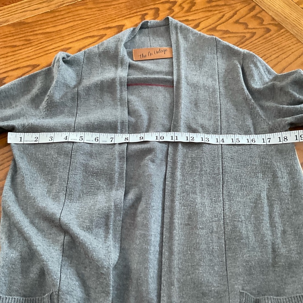 The Nu Vintage Gray w/Red/White Stripe on Sides, Open Front Long Sweater Vest, S - Picture 8 of 11